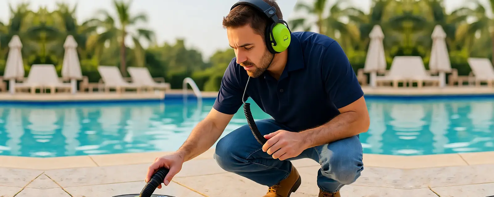 Técnico com fone de ouvido usando o geofone ao lado da piscina de uma casa para localizar vazamento